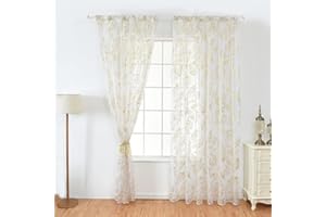 Hapivida 2 Pezzi Tende Trasparenti in Tulle 100 x 200 cm con Motivo a Piume, Tende per Finestre e Porte, Ideali per Soggiorno, Camera da Letto, Camera per Bambini, Balcone (Oro)