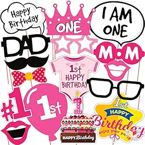 WOBBOX First Birthday Party Props for Birthday Events (Pink) 16 Pcs