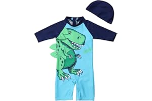 XIXIMAON Maillot de Bain Anti UV Bébé Garçon Une Pièce Combinaison Piscine à Manches Courtes Imprimé Dinosaure + Bonnet de Bain Costume de Natation Surf Plage