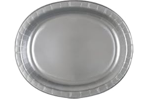UNIQUE PARTY Silver Solid Oval Paper Plates (30cm) Pack of 8 - Elegant & Durable Dinnerware for Parties, Events, and Everyday Use
