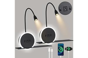 SANSHI Leselampe 2 Stück,Wandlampe mit Schalter,Schwenkbar Bettlampe mit USB + TYPE C Ladeanschluss Wandleuchte,3W 3000K+9W 6000K Beleuchtung wand Leselicht,Schlafzimmer Hotels Nachttischlampe Schwarz