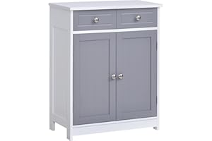 kleankin 75x60cm Freestanding Bathroom Storage Cabinet Unit w/ 2 Drawers Cupboard Adjustable Shelf Metal Handles Traditional Style Grey White