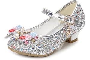 BININBOX Girls High Heels Glitter Sequins Children's Bow Princess Low-Top Student Performance Shoes