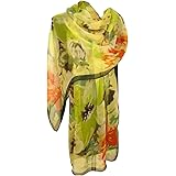 Nella-Mode Wunderschöner SEIDENSCHAL in floralem Design - Schal aus 100% Seide, ca. 170x53 cm; - Grün oder Rotorange oder Fli