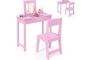 GYMAX Kids Vanity Table and Chair, 2 in 1 Children Makeup Desk with Flip Top Mirror, Hidden Storage Space and Anti-toppling Device, Wooden Girls Dressing Tables Set for 3 Years Old+ (Pink)