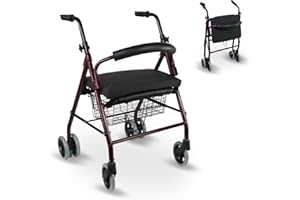 Mobiclinic, Andador con cojín viscoelástico, Prado plus, Frenos por presión, Aluminio, Plegable, Cesta, Asiento, Para sillas y andadores, Ancianos, Ligero, 4 ruedas, Burdeos
