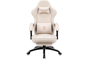 Dowinx Gaming Chair with Spring Cushion,Racing Gamer Chair with Massage Lumbar Support, Ergonomic Gaming Armchair with Footrest Office Chair PU Leather White