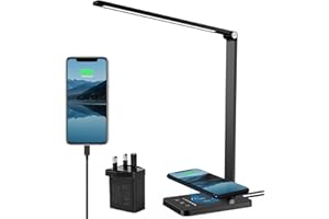 ELECHELF LED Desk Lamp with Wireless Charger, Adjustable Eye-Caring Office Table Lamp with 6 Brightness Levels and 5 Lighting Colors, USB Charging Port Desk Light for Study Work Reading