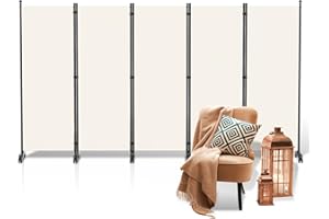 Fiqops Biombo para exteriores con ruedas, 5 piezas, 284 x 181 cm, resistente a la intemperie, para exterior y oficina, color beige