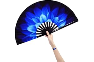 Amajiji Großer faltbarer Fächer, Rave Festival Zubehör für Männer/Frauen, Chinease/japanischer Bambus Handfächer, Performance Dekoration Geschenk Tanz Handheld Fan (Blaue Blumen)