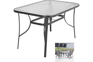 The Fellie Patio Table Outdoor Tempered Glass Top Dining Table Rectangle Coffee Table with Umbrella Hole for Garden, Backyard, Balcony (150 x 90 x 72cm-Rectangle Table, Black)