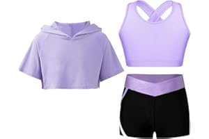 Oyolan Enfant Fille Ensemble de Sport Crop Top Sweat à Capuche Débardeur Short Fitness Gym Yoga Workout Survêtement Eté 5-16 Ans
