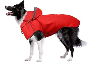 DQGHQME Dog Raincoat Waterproof Reflective Dog Rain Jacket with Hoodie, Lightweight Rain Coats with Leash Hole（Red,M）
