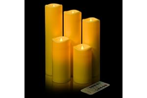 YIWER Waterproof led Flameless Candles,Outdoor Indoor Battery Operated Flickering Candles with Remote Timers,Won't Melt,Ivory Plastic Set of 5 D2.2" x H4"5"7"8"9" for Party Decoration