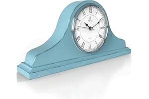 LOVELY HOME ESSENTIALS Mantel Clock Battery Operated - Wooden, Rustic Teal Mantle Clock for Living Room Decor Above Fireplace Mantel, Office, Shelf & Home Décor Gift 15x7.5 - Silent Wood Mantel Clock for Living Room Table