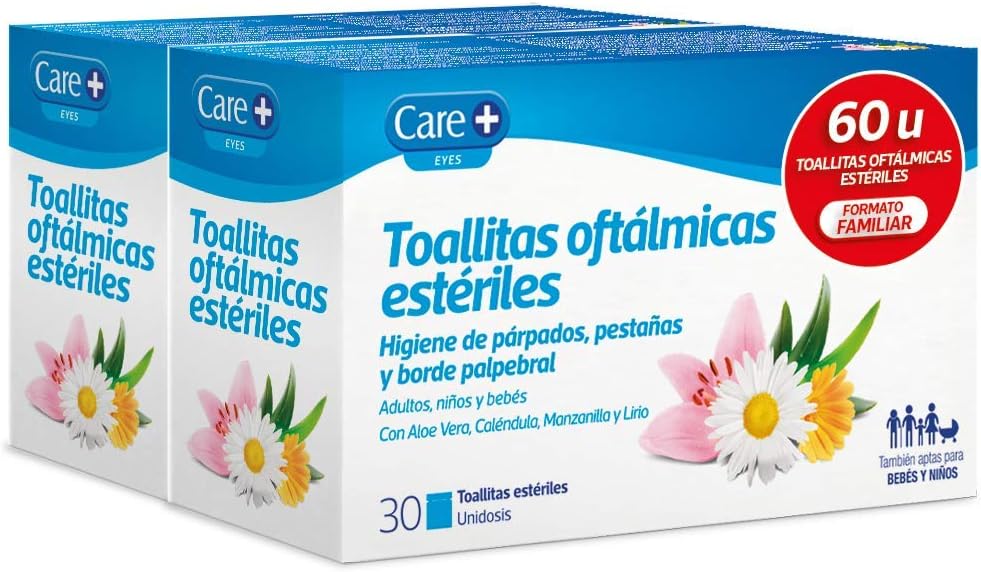 Care+, Toallitas Oftálmicas Estériles, Higiene de Párpados, Pestañas y Borde Palpebral, Con Aloe Vera, Caléndula, Manzanilla y Lirio, 60 Toallitas