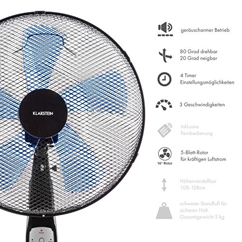 Klarstein Summerjam • Ventilator • Standventilator • mit Fernbedienung • leise • 5-Blatt-Rotor • 16″ (41cm) Durchmesser • Zuschaltbare 80°-Oszillation • energiesparend • 50 Watt • 3 Geschwindigkeiten • 4 Timer-Einstellungsmöglichkeiten • stabiler Fuß • schwarz - 2