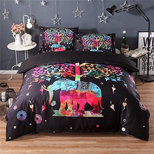 FUYA 2/3 Pieces 3D Elephant Red Bedding Set Bohemia King Duvet Cover with Pillow Case Colorful Printed Bed Set Cover (TWIN 2Pcs)