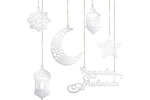PEUTIER 6pcs Ramadan Ornaments, Acrylic Ramadan Kareem Decoration Eid Mubarak Pendant Wind Light Moon Star Shaped Ramadan Decor for Hanging on Walls Windows Trees (Silver)