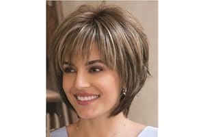 AIYLMZ Parrucche sintetiche taglio pixie a strati ricci corti con cappuccio per parrucche per donna (Biondo misto castano)