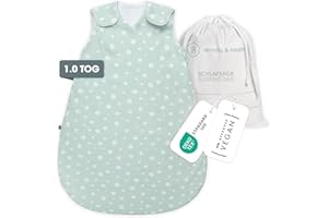 ‎EMMA & NOAH emma & noah Baby Schlafsack 1.0 TOG, Ganzjahres Schlafsack für den Frühling, Sommer und Herbst, 100% Bio-Baumwolle, OEKO-TEX Zertifiziert, Strampelsack für Neugeborene (Punkte Mint, 60 cm)