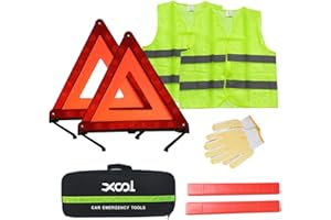 XOOL Kit de Seguridad Vial – Triángulos Reflectantes, Chalecos de Alta Visibilidad, Bolsa de Almacenamiento y Guantes para Averías y Emergencias en Carretera