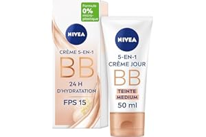 NIVEA - BB Crème 5 En 1 Teinte Médium - Crème Visage FPS 15 - Hydratation 24H - Réduit Imperfections & Signes De Fatigue - Huile De Jojoba Bio & Pigments Minéraux - Vegan - Tous Types De Peaux - 50 ml