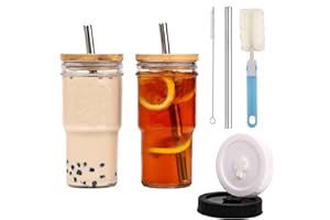 DOBIGER 2 Pezzi Vaso de Cerveza con Tapa y Pajita, 650ml Bicchiere con Cannuccia Adulti, Bicchieri con Coperchio in Bambù e Cannuccia per Cocktail, Frappè, Succhi, Frullati, Birre