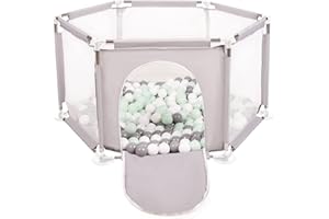 Selonis Parc Bébé Hexagonal Pliable Avec 100 Balles Plastiques, Gris:Blanc/Gris/Mentha