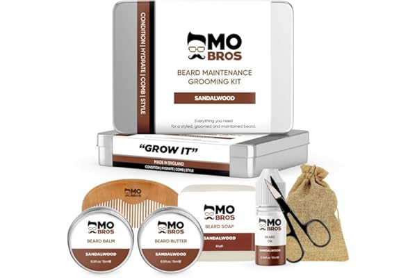 Mo Bro's Kit de Soin Barbe XL 8 Pièces | Laver, Peigner et Coiffer la Pilosité | Huile à Barbe | Baume à Barbe | Savon à Barbe (Bois de Santal)