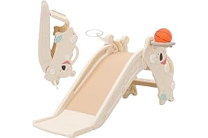 ARKYOMI Kids Slide, Freestanding Toddlers Slide With Basketball Hoop and Ring Toss, Toddler Climber, Foldable Baby Slide Playground Equipment for Indoor and Outdoor Play