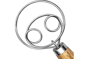 TEEVEA Danish Dough Whisk Stainless Steel Dough Whisk Dutch Style Bread Dough Hand Mixer Wooden Handle Kitchen Baking Tools Bread Making Tools and Supplies