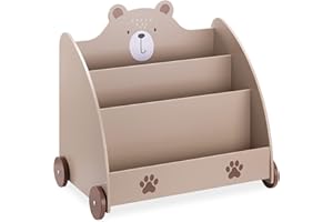 Navaris Libreria Bambini Portagiochi 3X Scaffali - Scaffale Porta Libri Giochi Bimbo 3X Livelli - Organizer Cameretta Moderno 4X Ruote - Giochi Montessori - Design Orso Marrone
