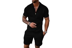 Hoefirm Tuta da uomo polo a maniche corte con zip joggers palestra top casual running sport sudore activewear 2 pezzi pantaloni tuta