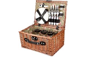 Bingo-Shop Picknickkorb für 4 Personen Inklusive Bestecksets, Korkenzieher, Weingläser und Keramikteller - 29 x 20 x 41cm Picknickkoffer Picknickset Picknick Korb