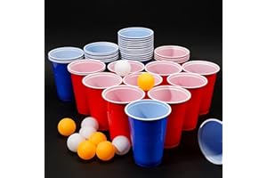 WANGZAIZAI 50 + 5 tazas Premium Beer Pong, juego de tazas de cerveza | 25 vasos rojos + 25 azules + 5 bolas de color amarillo