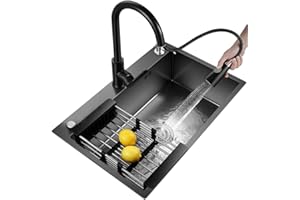 GLIVANTAD Lavello da Cucina Nero in Acciaio Inox 80X50X20cm - Lavello Rettangolare Integrato - Vasca Singola - Rubinetto e Accessori inclusi