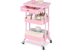 APEXCHASER Rolling Storage Cart with Drawer & Table Top, 3 Tier Metal Rolling Utility Cart, Rolling Cart Organizer for Teacher Craft Baby Nursery, Utility Cart for Kitchen Bathroom (Pink)