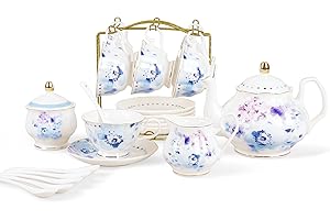 fanquare Kwiatowy porcelanowy zestaw do herbaty, elegancki niebieski zestaw do kawy, nowoczesny serwis do herbaty dla 6 osób, zestaw na przyjęcie herbaciane na urodziny, ślub