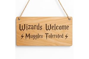 PET-JOS Zauberer Willkommensschild mit Aufschrift "Welcome Muggles Tolerated", magische Wandkunst, lustiges Filmzitat, Holzschild, natürliche Heimdekoration, magisches Geschenk