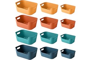 OWill 12-Pack Plastic Storage Basket Set with Multiple Color Storage Boxes for Organizing Bins, Kitchen Storage, Shelves Cupboard Organiser, Office and Home