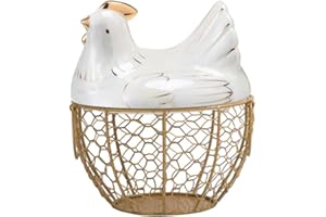 JILIJIA Porta uova a forma di gallina, in ceramica e rete metallica, elemento decorativo da cucina, per contenere uova, snack, frutta, colore: oro e bianco