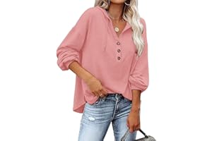 VIGVAN Kapuzenpullover Damen Hoodie Langarm V-Ausschnitt Pullover Knopfleiste Henley Sweatshirt mit Kapuze Kordelzug Oberteil