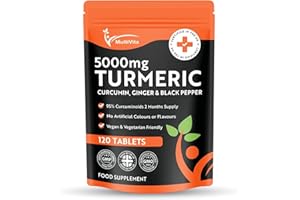 MULTIVITA Turmeric Tablets 5000mg with Black Pepper & Ginger - 120 High Strength Curcumin Supplements - Turmeric and Black Pepper Tablets (Not Turmeric Capsules or Powder) Vegan & Gluten Free