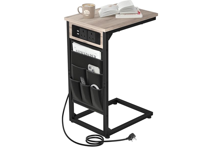 AMHANCIBLE C-Shaped Side Table with Charging Station, 2 USB & AC Outlets, Coffee Bedside Table with Cloth Storage Bag for Small Spaces, Sofa, Living Room, Bedroom, Grey HET04CGY-1