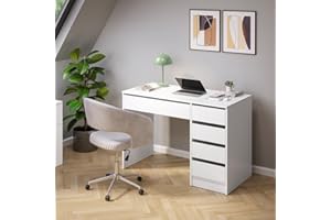 Bellamio Nore Schreibtisch in Weiß mit 5 Schubladen - Jugendschreibtisch 75x53x110 cm - Schminktisch & Schreibtisch Kombi - Computertisch mit Schubladen beidseitig montierbar – Bürotisch mit Stauraum