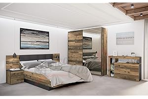 ARREDO DA CASA Camera da Letto Rustica Moderna con Armadio Ante Scorrevoli Una in Parte Specchiata Comodini Cassettiera E Letto Stanza da Notte Effetto Legno Completa CDLI9