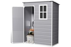 XEMQENER Plastic Garden Storage Shed with Floor, 4.6x2.6 FT Lockable Outdoor Storage Shed with Window, Waterproof Garden Sheds for Gardening Tools & Equipment, 140x81x193 cm, Grey