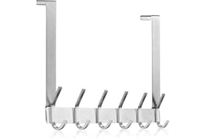 MEIJO Türgarderobe zum Einhängen Edelstahl, Türgarderobe Ohne Bohren Kleiderhaken Tür für Deutsche Türen Türhakenleiste Edelstahl mit 6 Haken für Küche, Badezimmer (Silber, Dicke 4,5 cm)