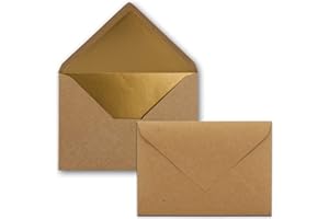 ‎NEUSER PAPIER Kuverts in Kraftbraun- 50 Stück - Brief-Umschläge DIN C6-11,4 x 16,2 cm - Naßklebung - Gold-Metallic Fütterung - ohne Fenster für Einladungen